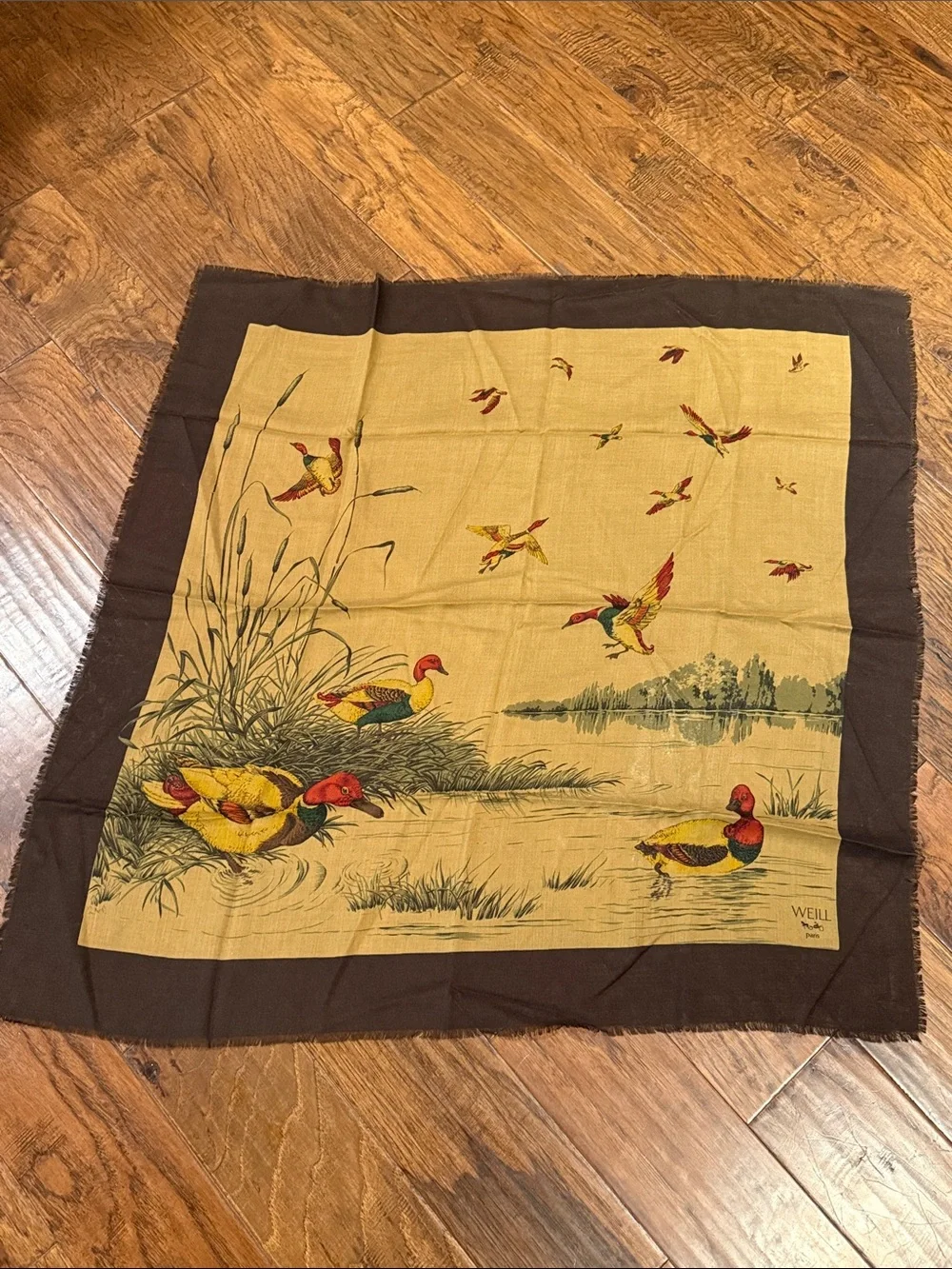 WEILL Paris Duck Print Silk Scarf in Mustard & Brown